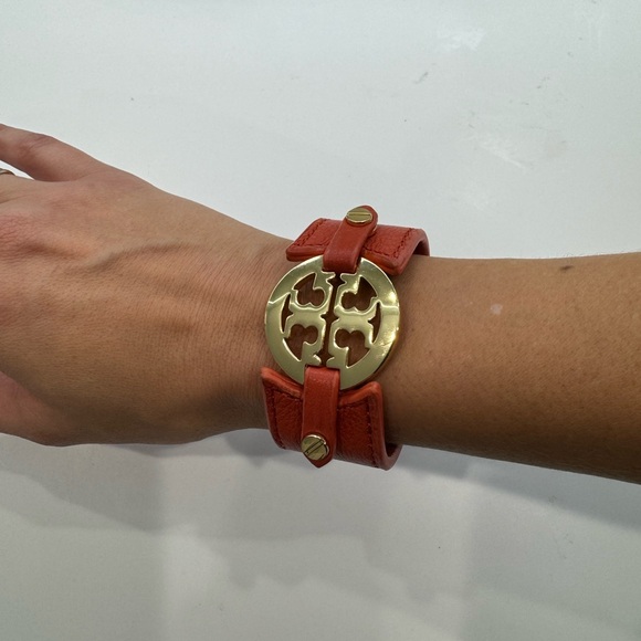 Tory Burch Reva Logo Cuff Bracelet Orange Leather and Gold Hardware - Picture 3 of 7
